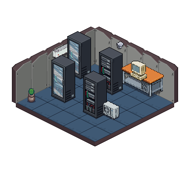 Pixel-art personal server room with a workstation and four racks